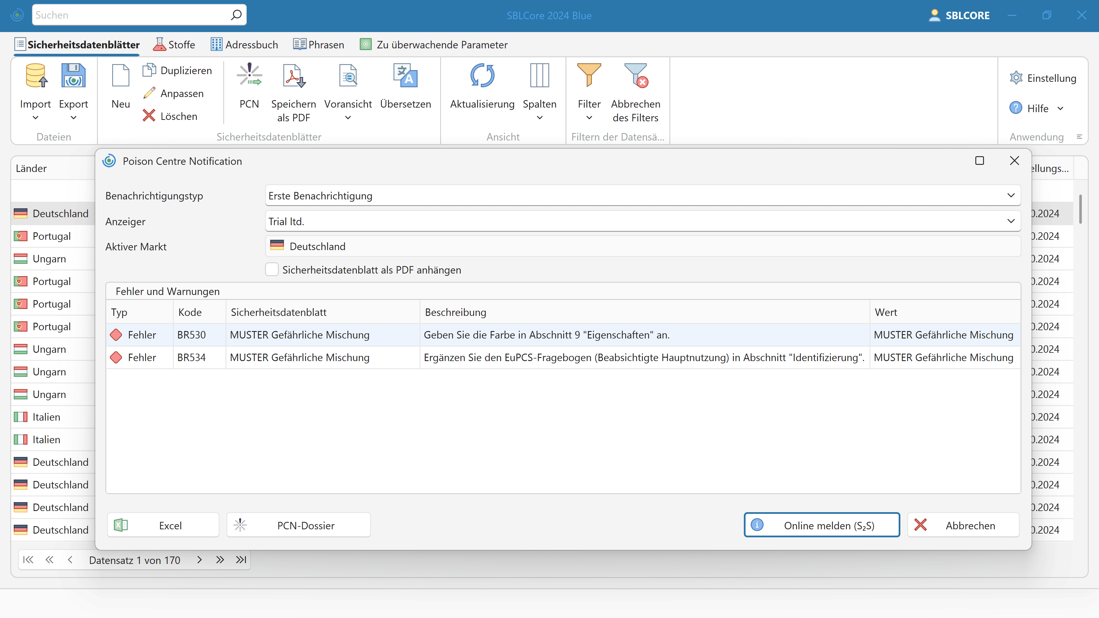 PCN-Meldung und UFI-Code