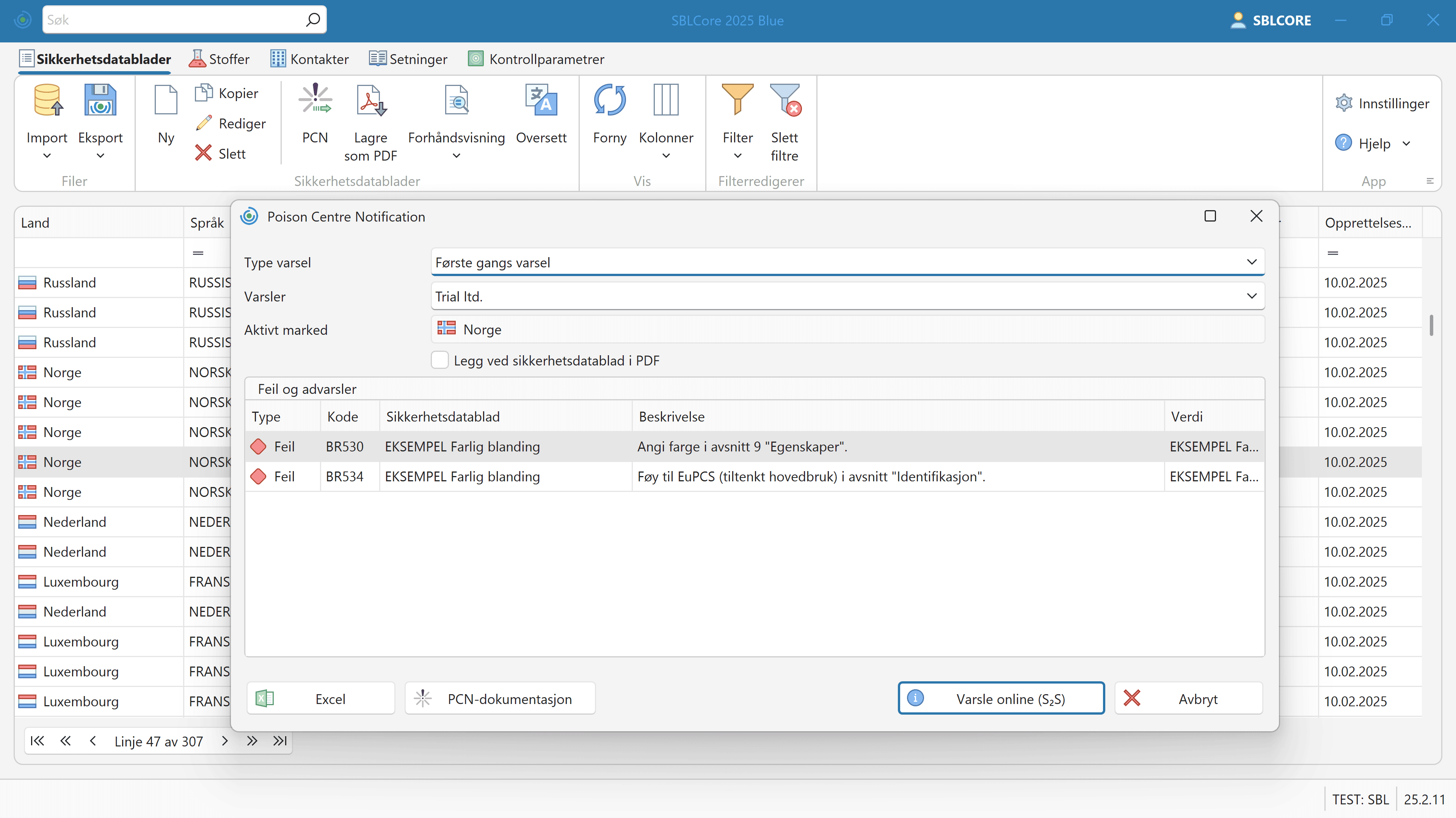 PCN-varsel og UFI-kode