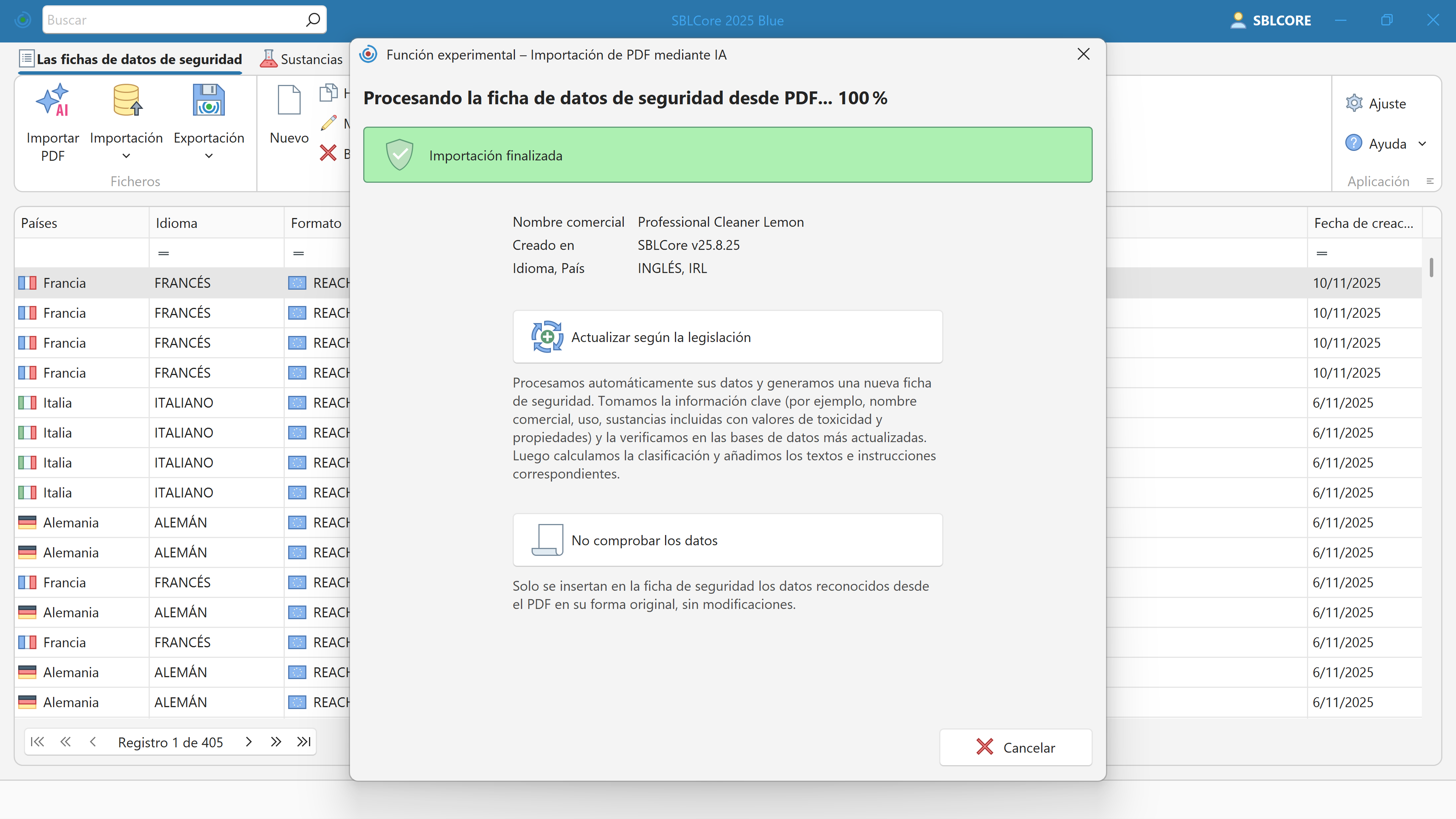 Importación de SDS mediante IA