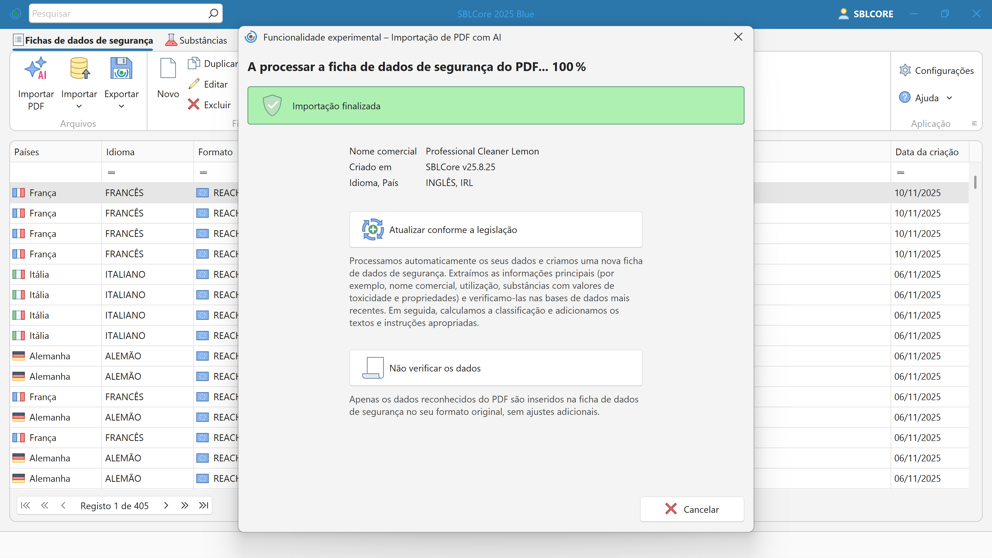 Importação de SDS com recurso a AI